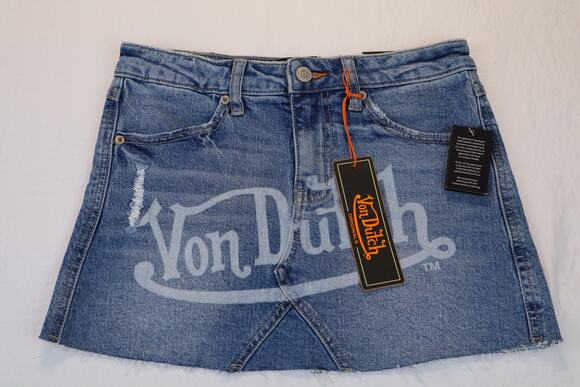 Von Dutch Dresses & Skirts - NEW Von Dutch Denim Skirt Women's Blue Distressed Cut Off Mini Jean Size 24